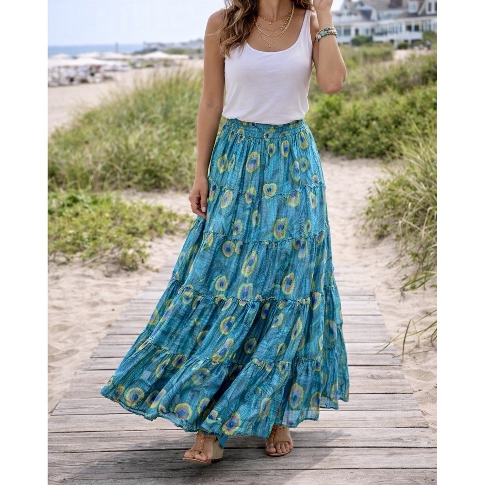 Soft Surroundings Peacock Print Tiered Maxi Skirt Cotton Size M Metallic Boho